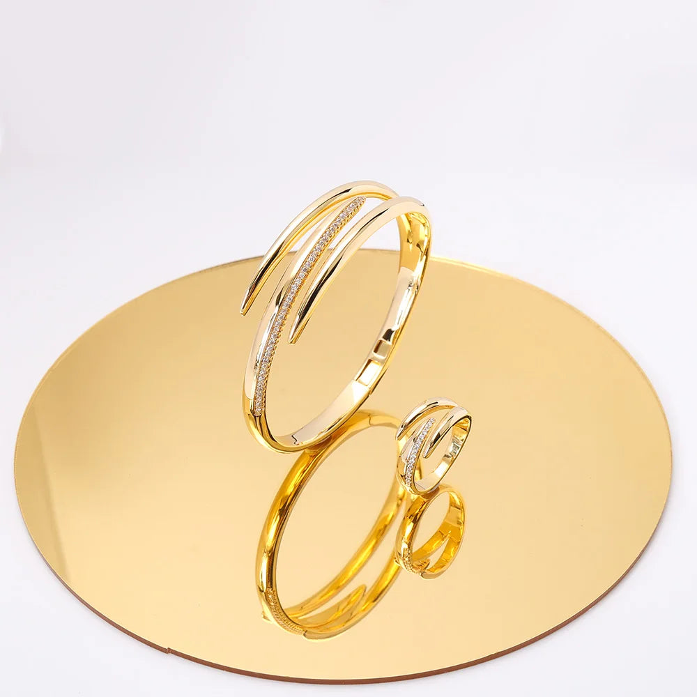 011857 Women Fashion Bracelet Ring Sets Cubic Zircon Bangle Rings Set for Women Cuff Design Jewelry Set for Party Daily Life