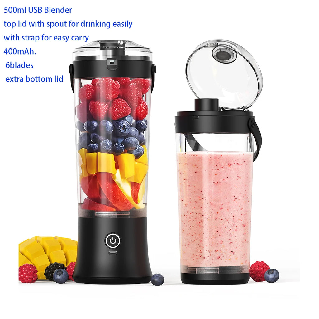 500ML Cordless Personal Blender USB-C Rechargeable Self Cleaning Mini Juicer Travel Spout Strap 4000mAh Smoothie Stainless Steel