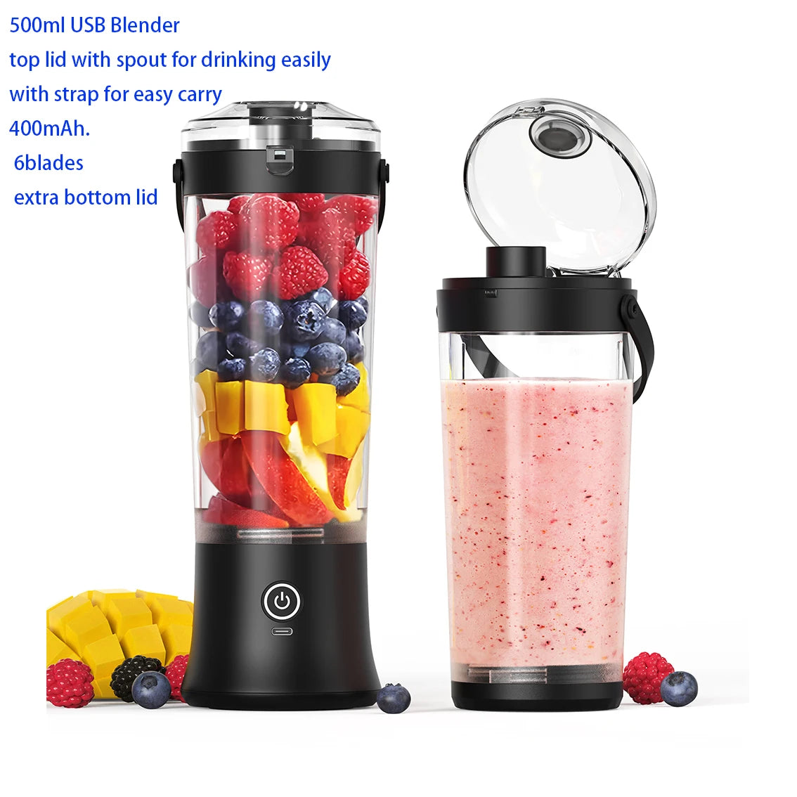 500ML Cordless Personal Blender USB-C Rechargeable Self Cleaning Mini Juicer Travel Spout Strap 4000mAh Smoothie Stainless Steel
