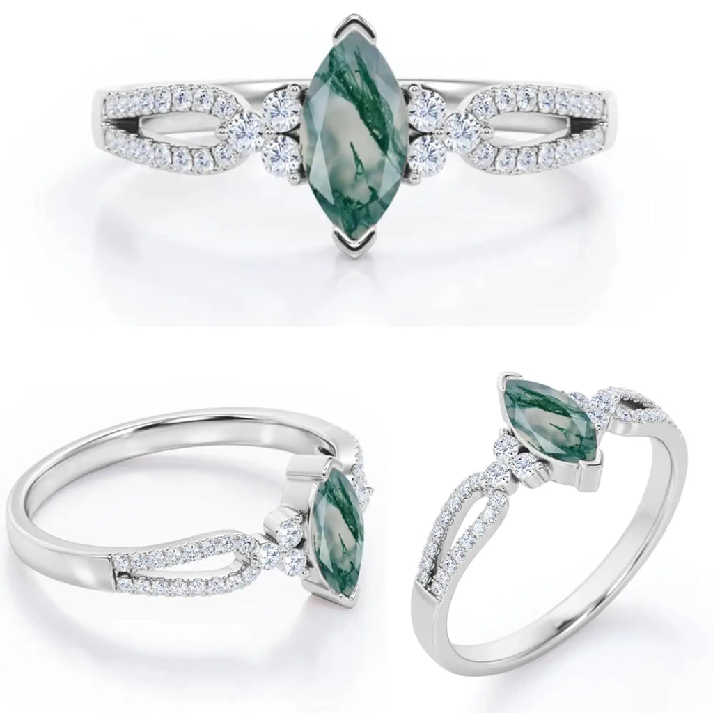 925 Sterling Silver Marquise Cut Engagement Ring with Moss Agate Moissanite Double Shank Engraved Design Prong Set Luxury Style