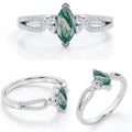 925 Sterling Silver Marquise Cut Engagement Ring with Moss Agate Moissanite Double Shank Engraved Design Prong Set Luxury Style