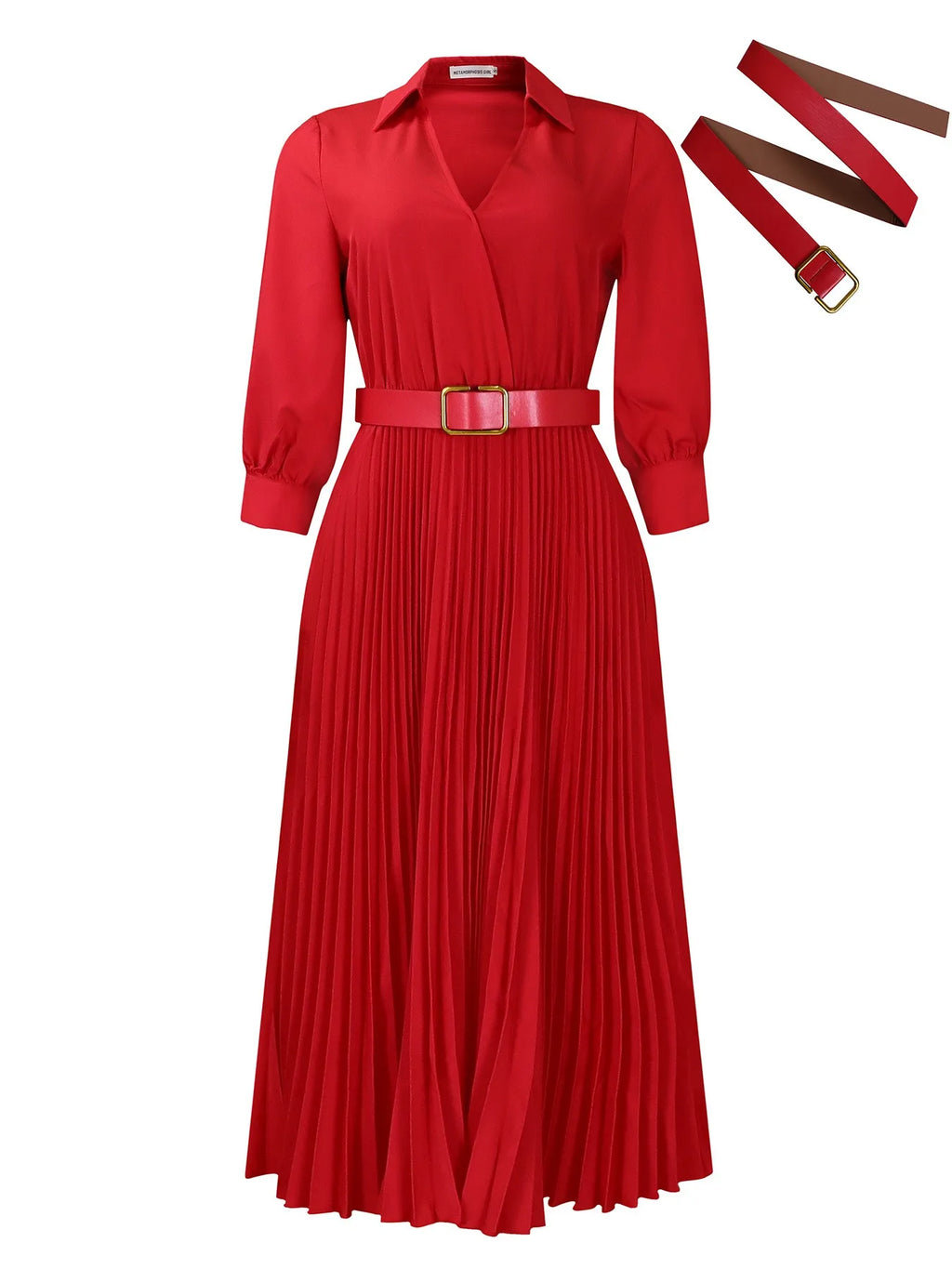 C8587 Trendy Casual Dresses Women Lady Elegant Solid Color Long Sleeve V-neck Pleated Ladies Office Dresses With Belt