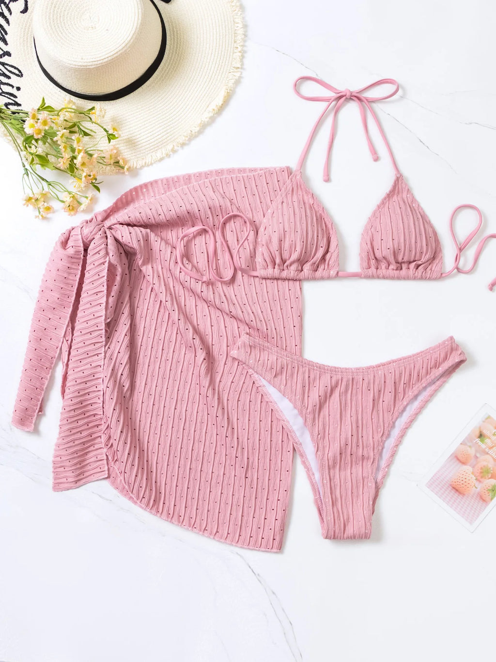 Bandage Halter Bikini Micro Ribbed Bikini 3 Pieces Set 2023 High Waist Swimsuit With Beach 3 Pieces Mesh Skirt