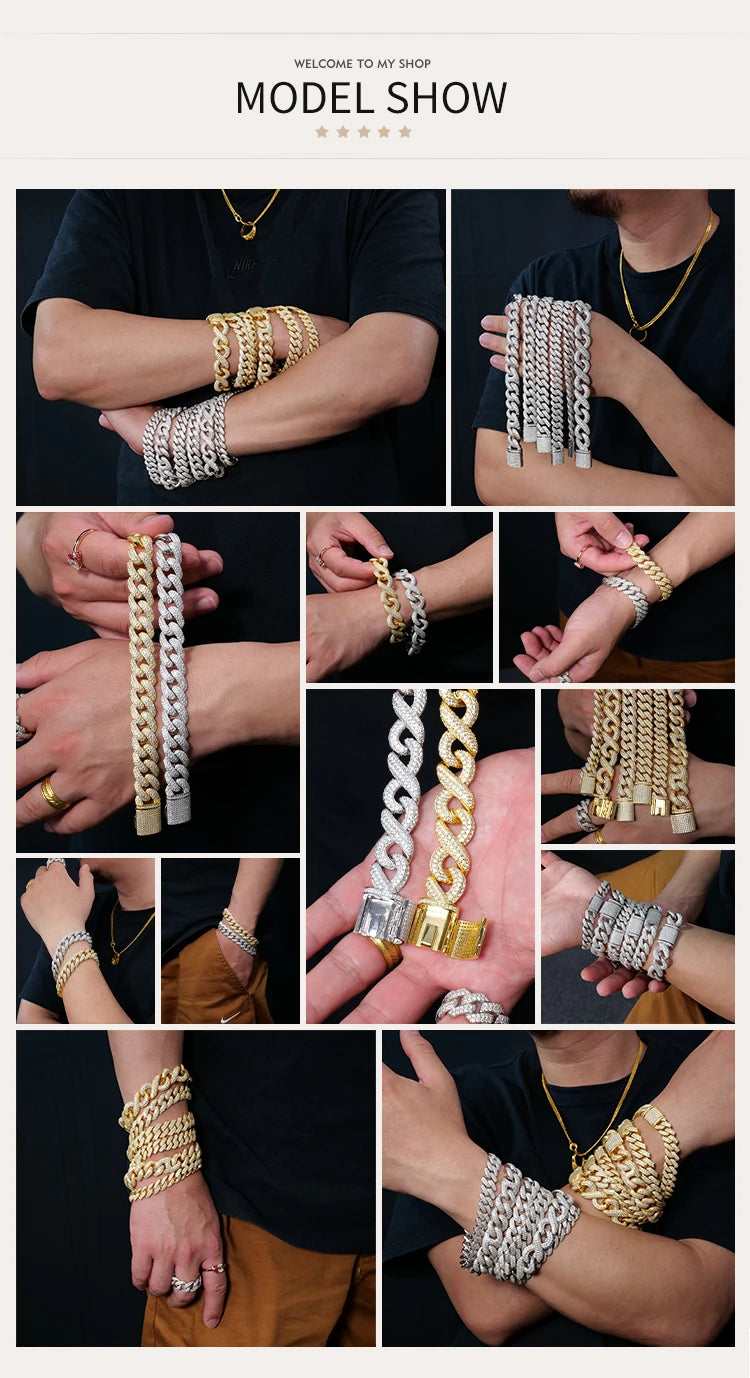 Custom Luxury 12 16 20 mm Full Iced Out Hiphop Moissanite Diamond Miami Silver Cuban Link Chain Bracelet in Silver 925 for Men