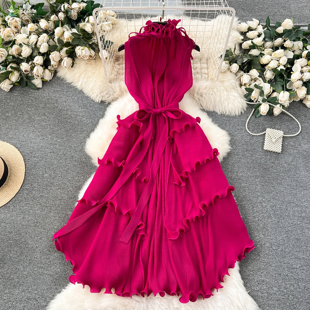 LE2509 Exquisite Chiffon Midi Pleated Dress Lady Elegant Lotus Collar Evening Gown Lady Boutique Socialite Holiday Banquet Dress