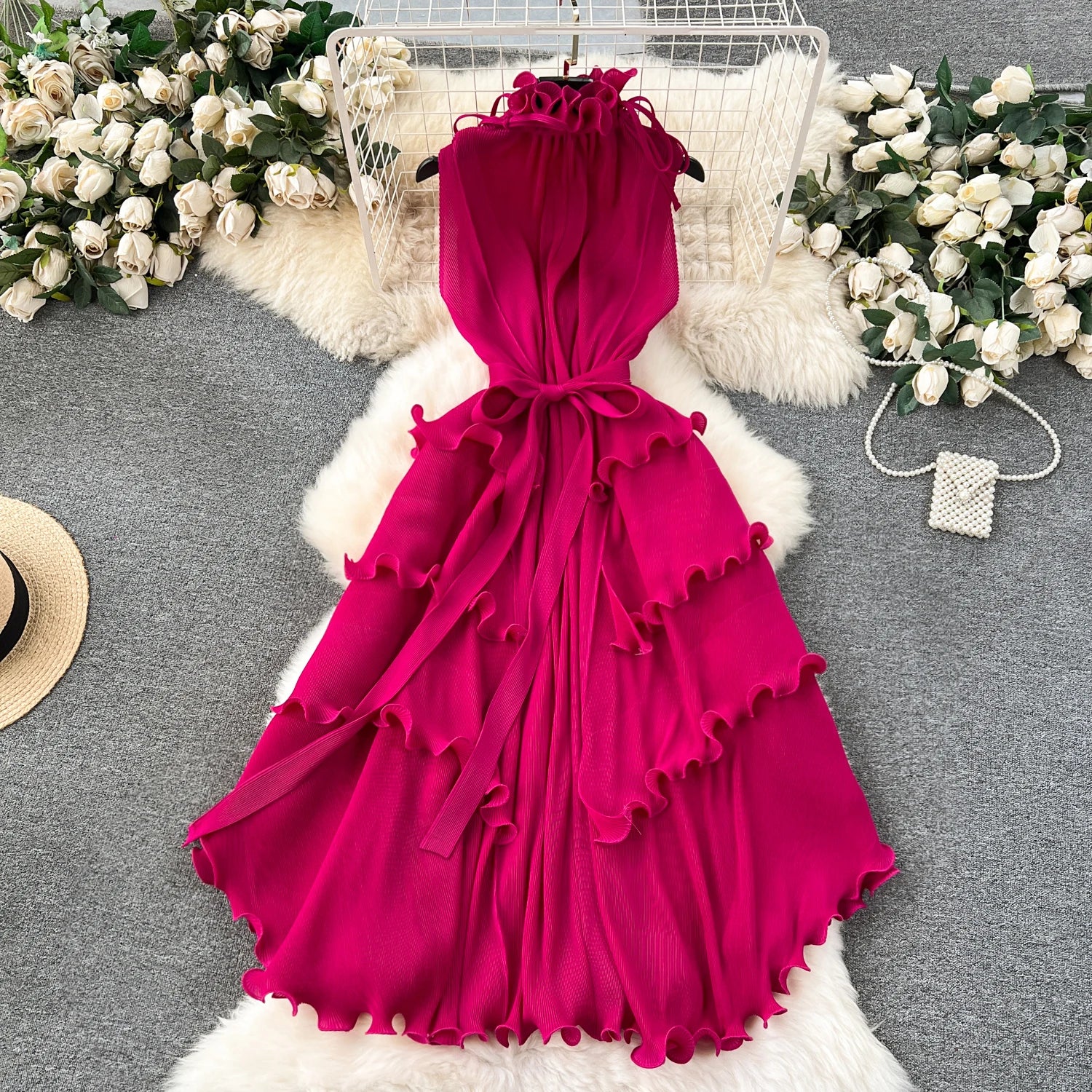 LE2509 Exquisite Chiffon Midi Pleated Dress Lady Elegant Lotus Collar Evening Gown Lady Boutique Socialite Holiday Banquet Dress