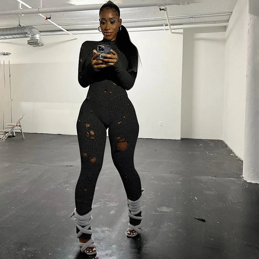 Oem Autumn Solid Long Sleeve O-neck Casual Knit Holes Long Sleeve Jumpsuit Streetwear Casual Women's Ripped Jumpsuit