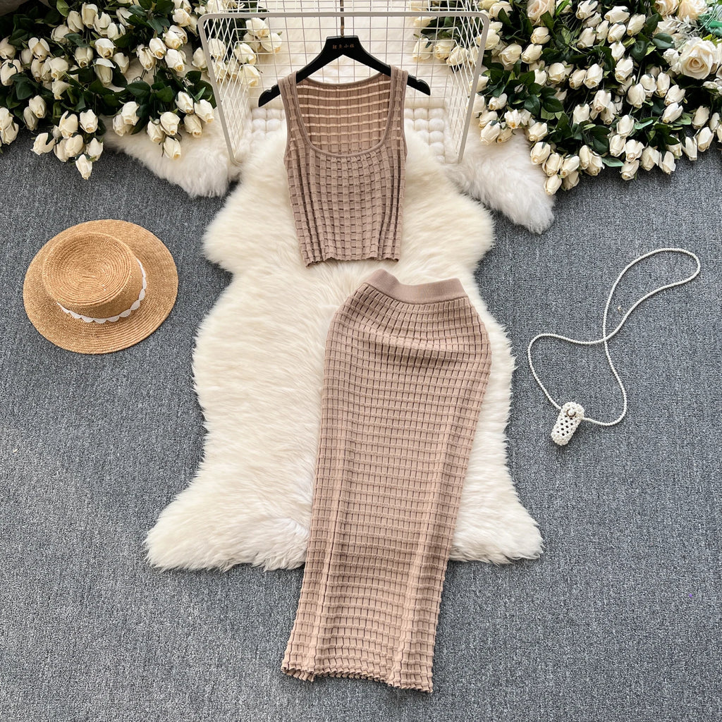 Women's Sets Spring Sleeveless Hollow Out Hollow Out Tops Skirt Set Ropa Wholesale