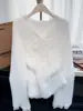 Ladies Casual V Neck Long Sleeve Mohair Lace Sweater Front Logo Patchwork Design Loose Fit