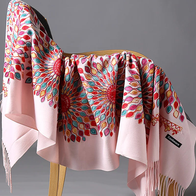 Wholesale JiYun 2025 Ladies Winter Scarf Shawl Floral Tassel Embroidery Soft Heavy Cashmere Feel-Hot Sale Winter Accessory