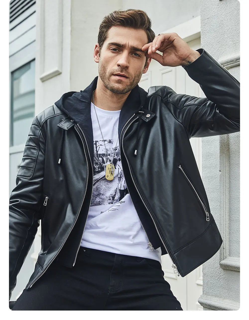 FLAVOR Men's Leather Motorcycle Jacket Black Sheepskin Real Leather Jacket With Removable Hood