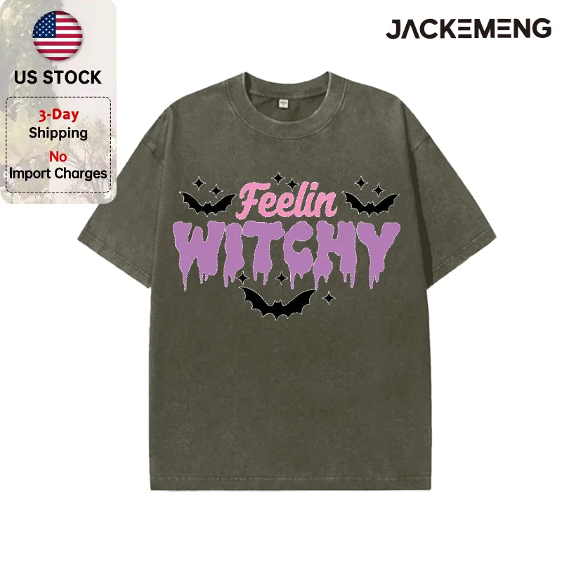 Oversized Washed Retro Halloween Streetwear Print T Shirt USA Stock Wholesale Y2K Casual Tee