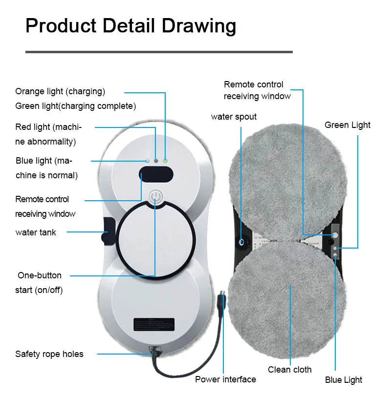 Electric Fully Automatic Robot Glass Cleaner Brushless Motor Remote Control Auto Smart Water Spray for Household Window Wet Dry