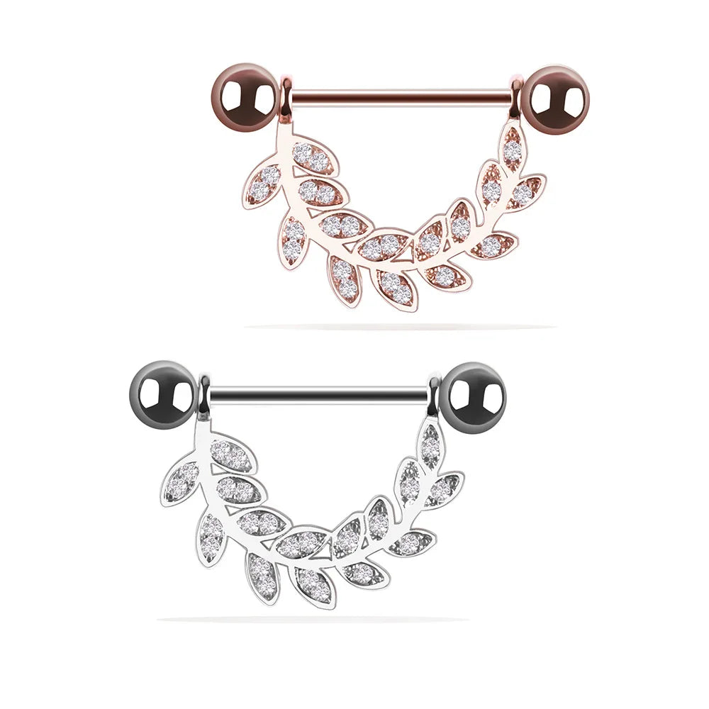 Trendy Nipple Rings 14 G Body Jewelry Piercing Shiny Tongue Nose Ring Barbell Leaf Shape Rings Stainless Steel for Women Girls