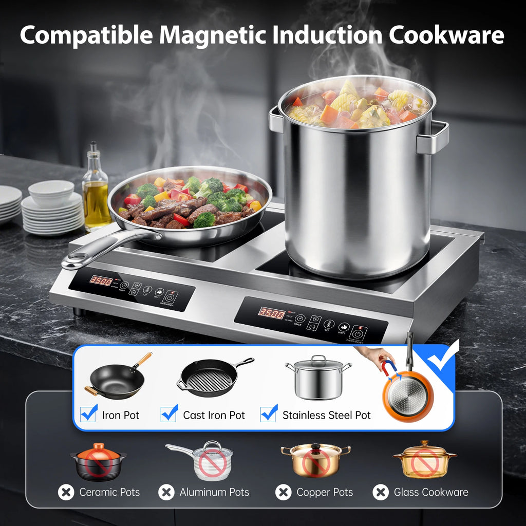 Commercial Induction Cooktop,7000W Double Burners Commercial Induction Cooker,Soft Touch Control ,Four Digital Display