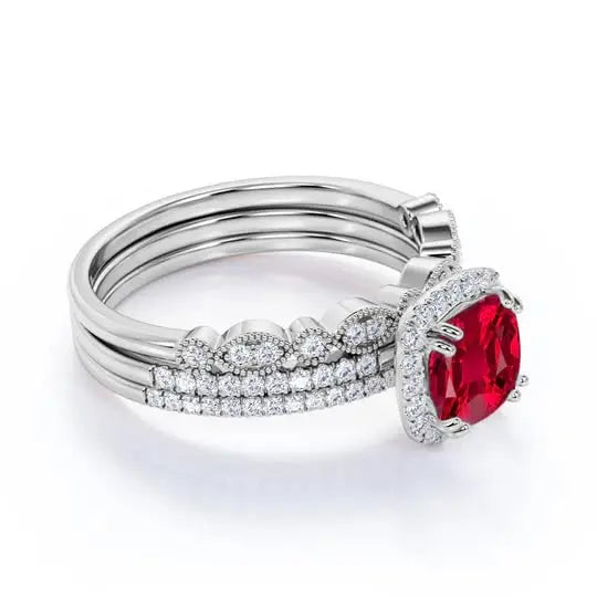 14K Gold 925 Sterling Silver Lab Created Ruby Cushion Cut Classic Engagement Wedding Ring Diamond Halo Gemstone 1.50 Carat