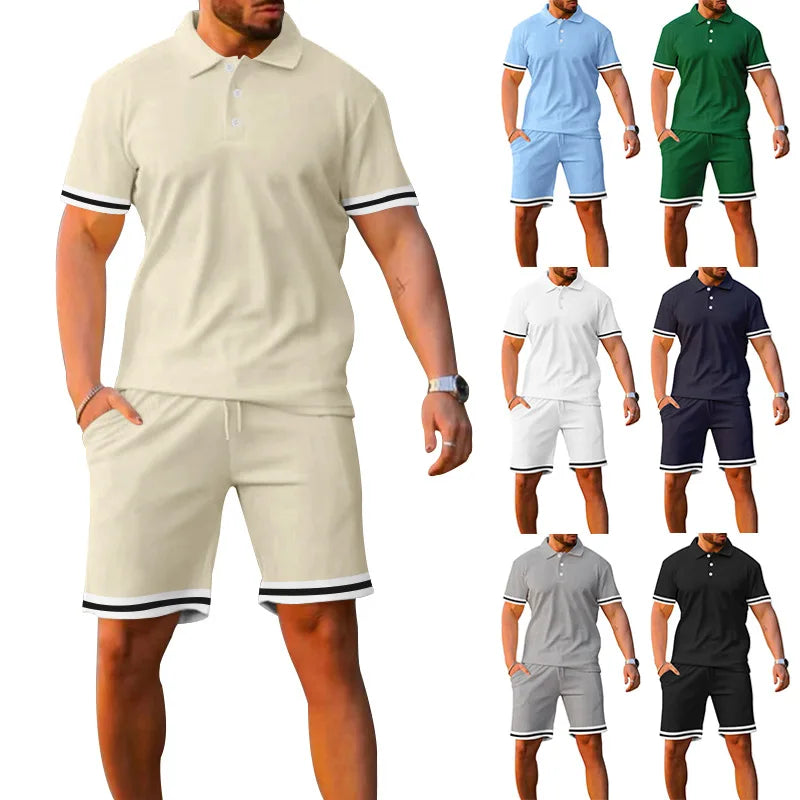 2024 Hot Sale Summer Men Short Sleeve Top + Short  Pants Turn Down Collar Solid Color Loose Casual Two Piece Suits