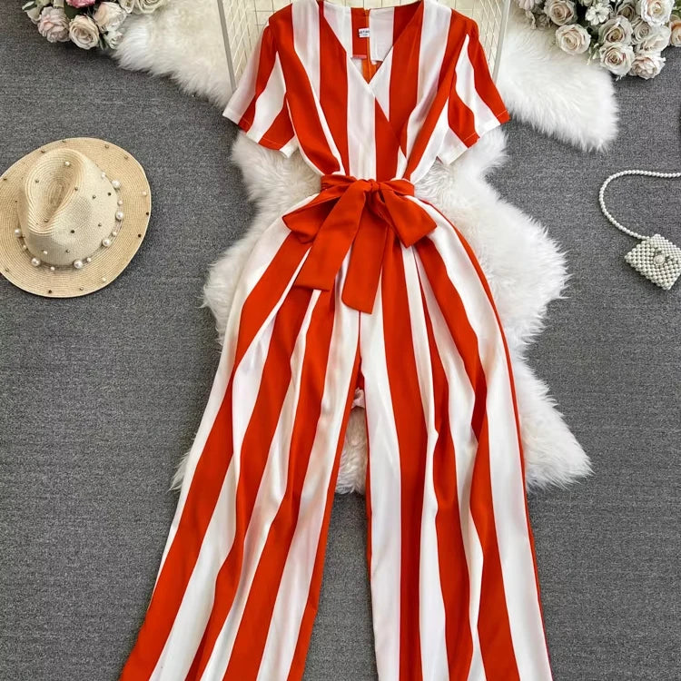 Wholesale 2026 Spring Temperament Short Sleeved V-neck Striped Casual High Waist Slim Straight Women's Jumpsuit