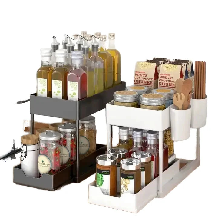 Adjustable Height Non-folding Double Tier Standing Type Multifunctional PP Plastic Kitchen Cabinet Storage Rack Precision