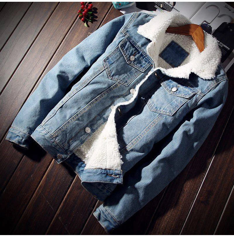 Men's Winter Warm Berber Fleece Denim Jacket Slim Fit Thicken Coat Outerwear Black Blue