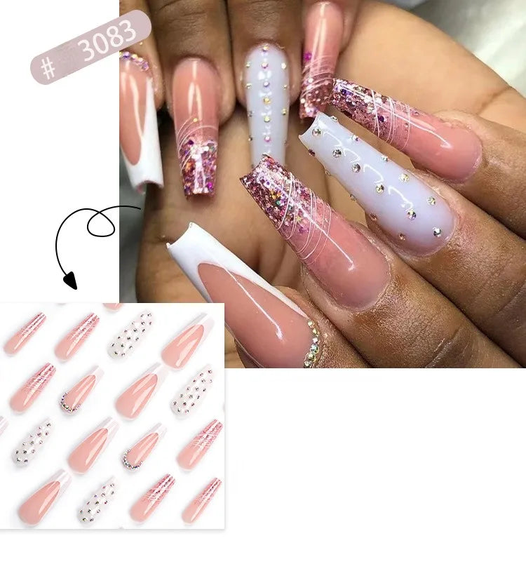 Dropshipping 24 Pcs French Style Romantic Art Acrylic Press on Nails Artificial Fingernails Candy False Nails Dating  Party 2792