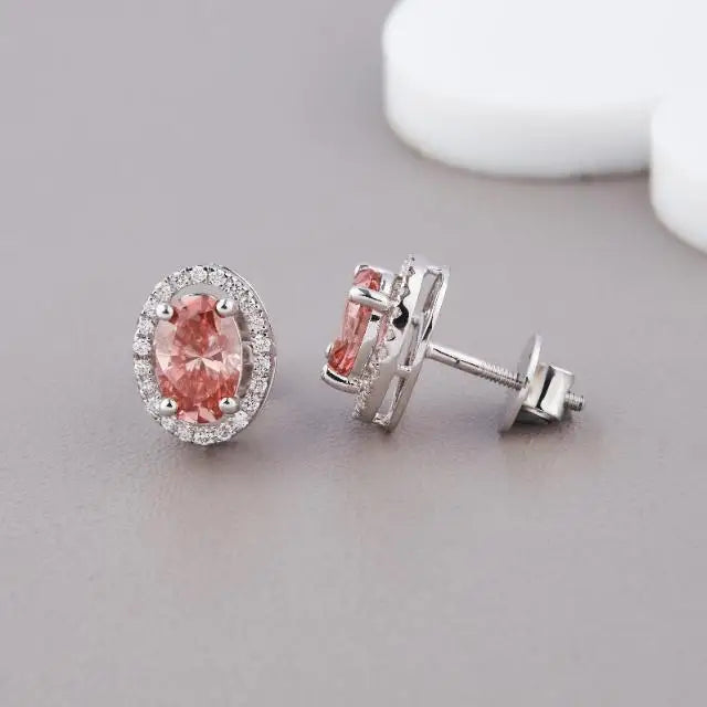 IGI Certified Oval Pink Lab Grown Diamond Halo Stud Earrings 18K White / Yellow / Rose Gold Diamond Halo Earrings
