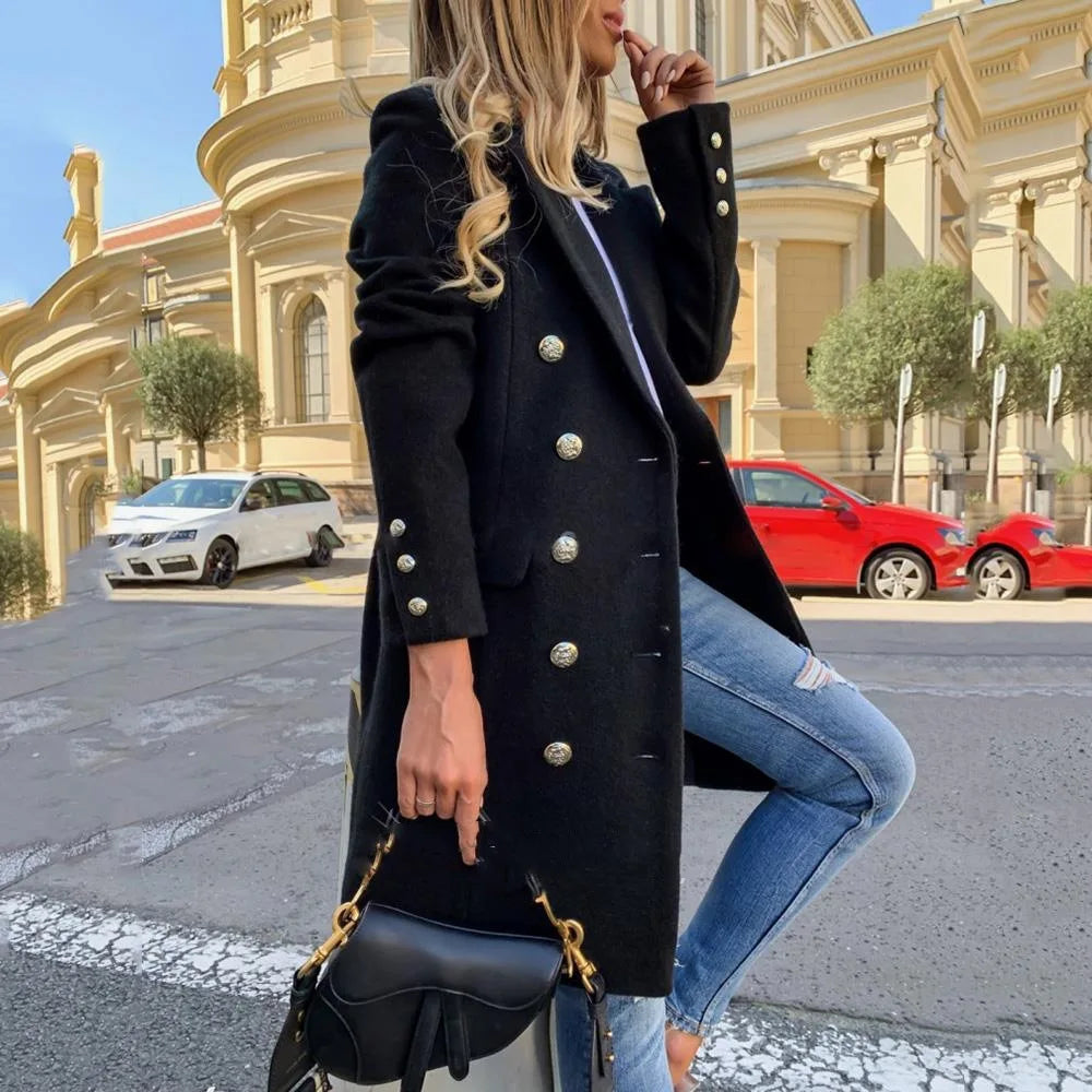 S-3XL Autumn and Winter Woolen Coat Ladies Woolen Coat Lapel Long Sleeve Double Breasted Coat Wholesale