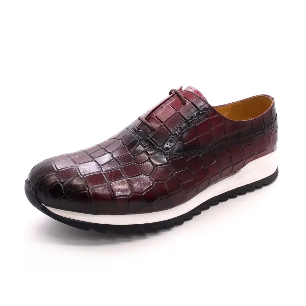 Premium Quality Handmade Italian Men Oxford Sneakers Shoes Genuine Leather Print Lace-Up Casual Shoes