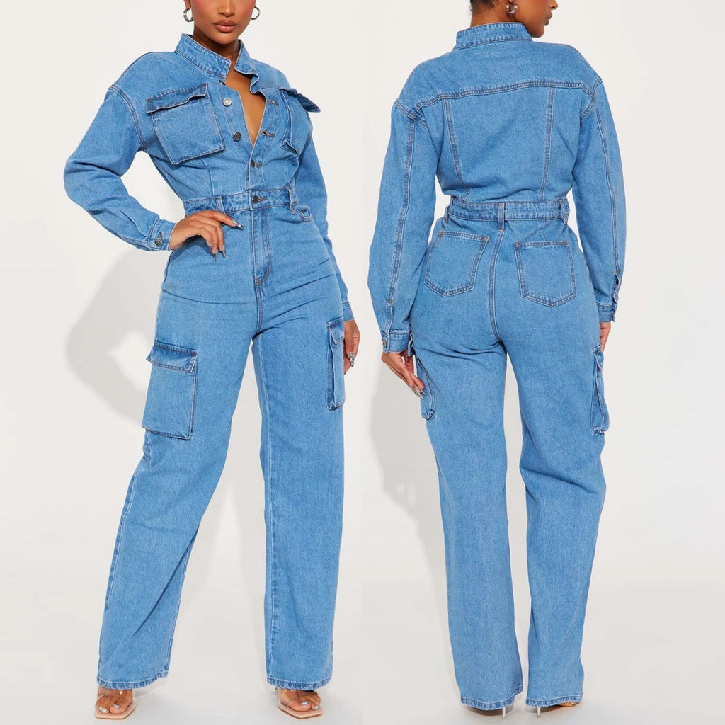 New Arrival Women Clothing  Turn Down Collar Vintage New Female Denim Jumpsuit Woman Jean Overalls Long Sleeve Elegant Jumpsuits