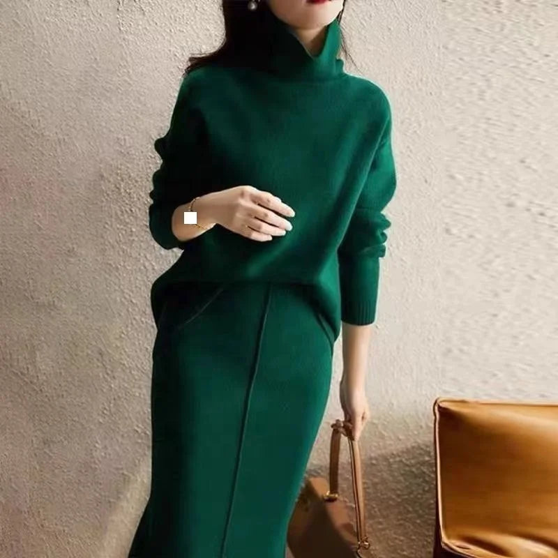 Fashion Temperament Fashion Knitwear Women's Autumn Winter Loose Sweater Skirt High Neck Two-piece Set