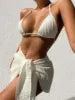 Bandage Halter Bikini Micro Ribbed Bikini 3 Pieces Set 2023 High Waist Swimsuit With Beach 3 Pieces Mesh Skirt