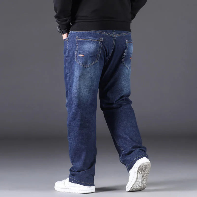 Luxurious Quality High Waist Fleece Lined Loose Stretch Multi-pocket Extra Large Spring Autumn Winter Men's Straight Leg Jeans