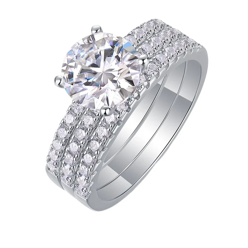 Fine Jewelry S925 Sterling Silver White Gold Plated 3 Pcs Stackly Rings Set Claw Setting Round Cut 2CT VVS GRA Moissanite Rings