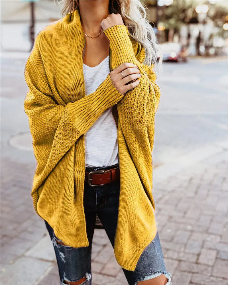 Bat Sleeve Large Knitted Cardigan Sweater Women's Outer Coat Solid Color Knit