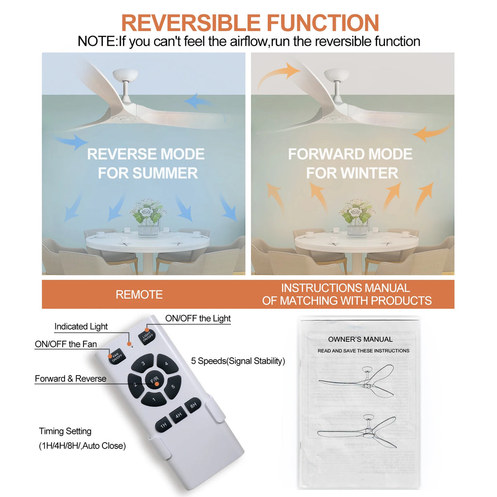 60'' Wood Ceiling Fan No Light, Reversible and Silent DC Motor, Modern Ceiling Fan with Remote Control for Bedroom, Living Room