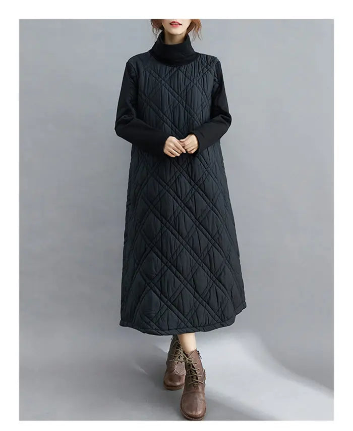 Retro Quilted Diamond Dress Thick Stitching Warm Autumn Winter Clothing New Women's High-Neck Casual Long Tunic y750