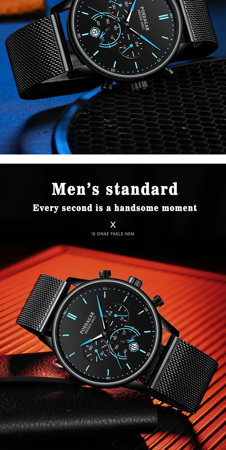 POEDAGAR Men Watch Fashion Chronograph Slim Stainless Steel Mesh Quartz Men's Wristwatch Waterproof Luminous Date Sport Watch