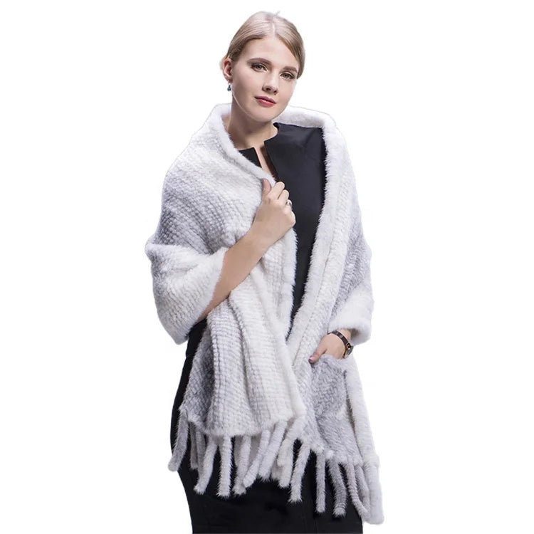 MWFur Fashion Chinese Supplier Wholesale Winter Knitted Mink Fur Shawl for Women Big Size Mink Hair Scarf Winter Fashion