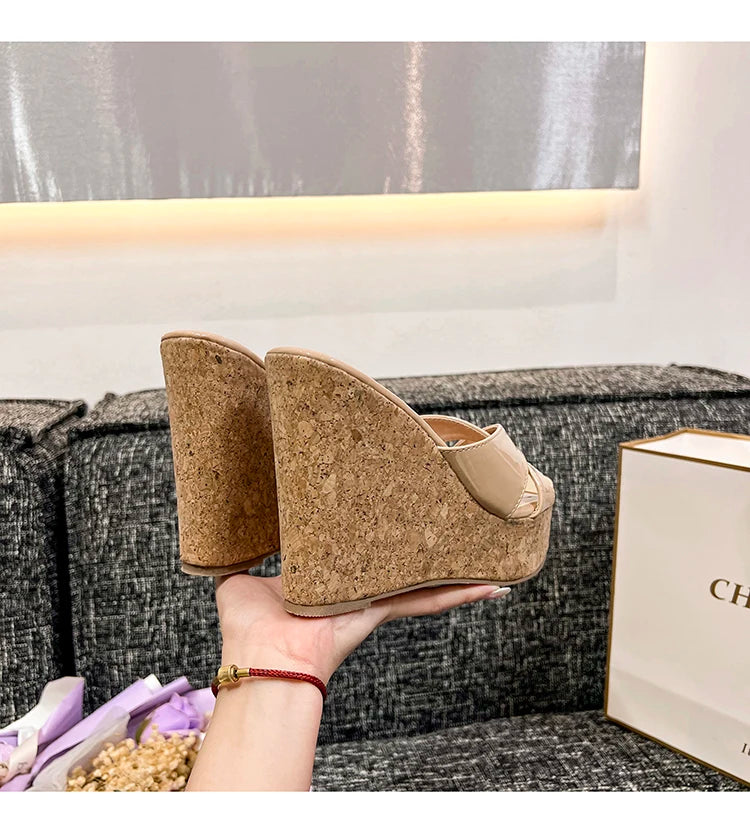Popular Summer New Style Small Chili Cross Iron Head Fish Mouth Slope Heel High Heel Slippers 9cm 11cm 13cm