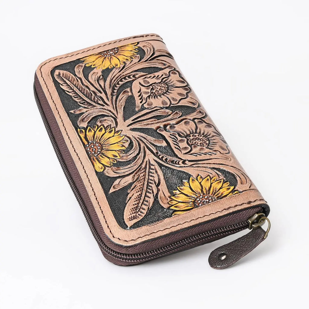 Luxury Hand Tooled Cowhide Leather Bifold Wallet for Women RFID Blocking Western Purse