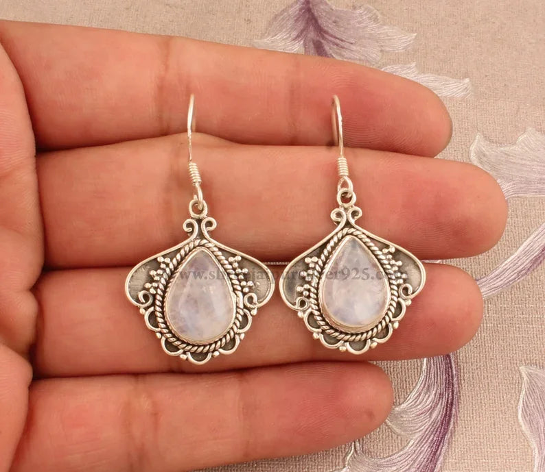 Rainbow Moonstone Solid 925 Sterling Silver Handmade Pear Stone Indian Earrings For Wedding Anniversary