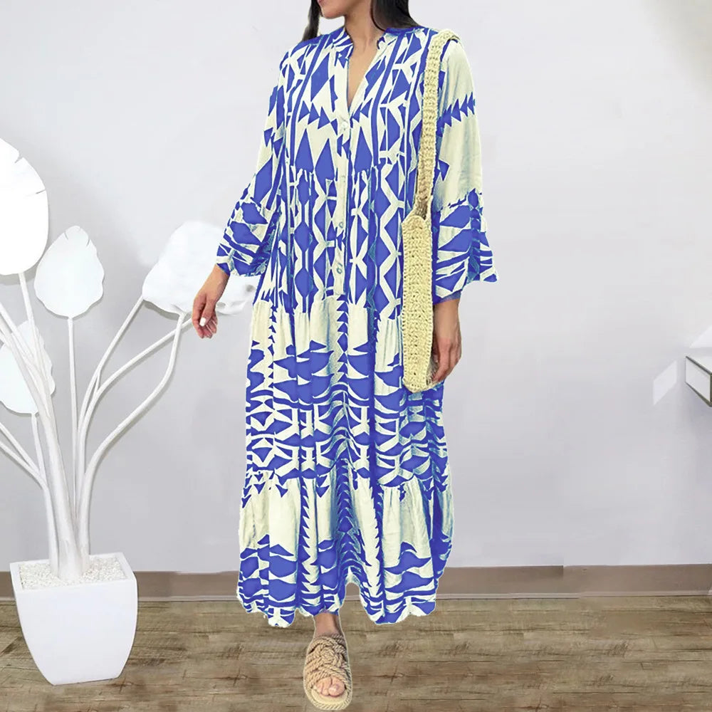 Summer New Women'S Wear V-Neck Maxi Long Dress Vintage Printed Pattern High Waist Long Dress