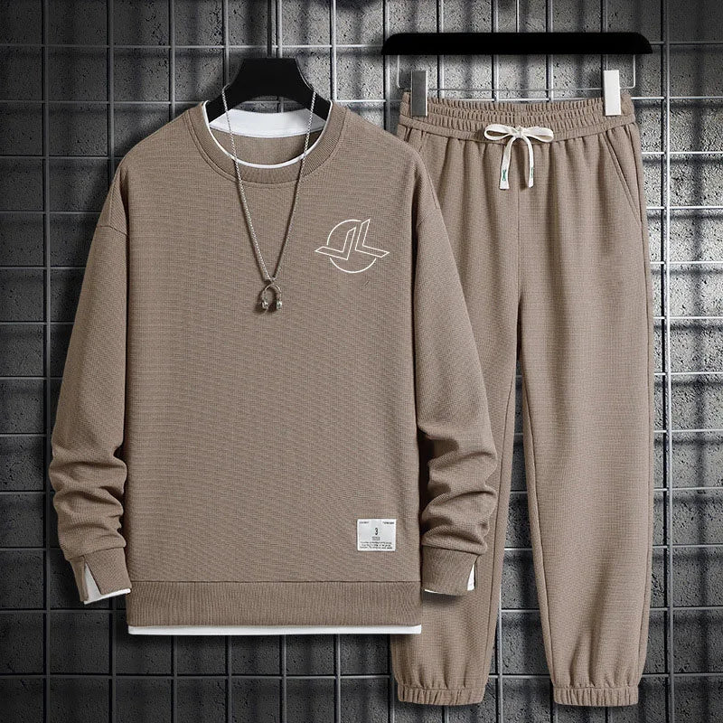 2024 Spring and Autumn Hoodie Set Men's Waffle Crewneck Hoodie Trousers Two-piece Sports Casual Men's Wear Hoodie Sweater