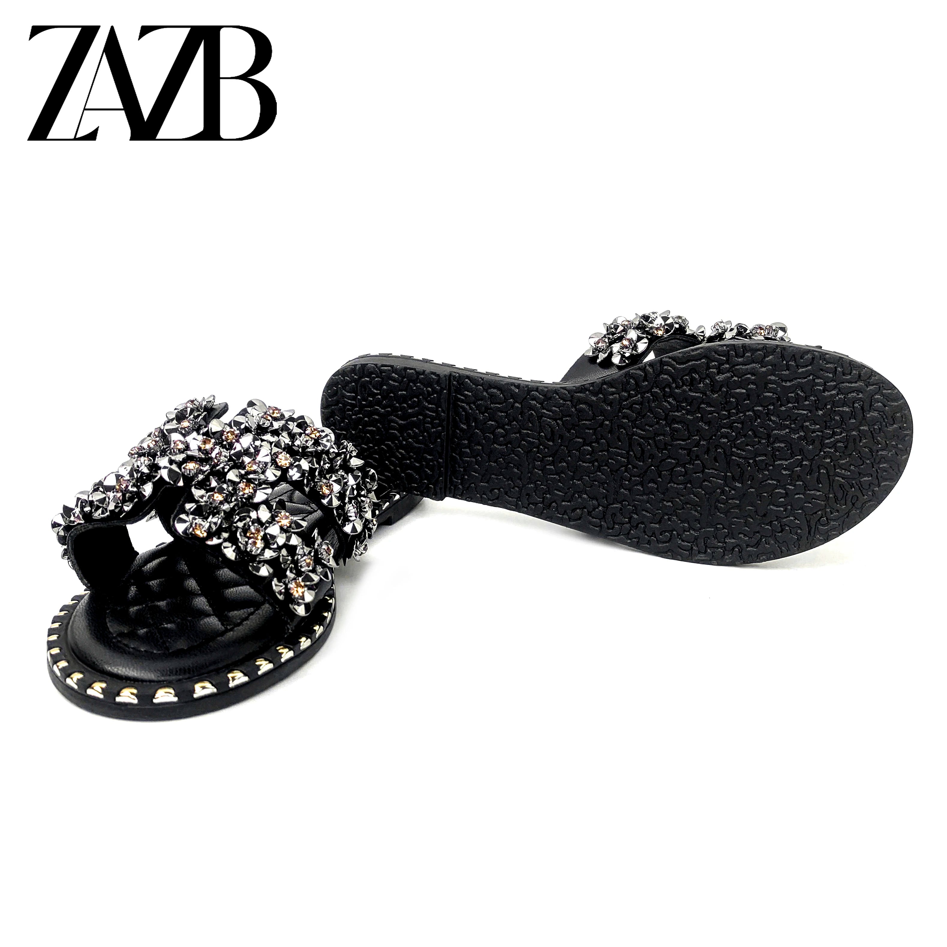 New Wholesale Design Summer square Head Leather European and American Open Toe Flat Shoes Black Womens slippers Sandals
