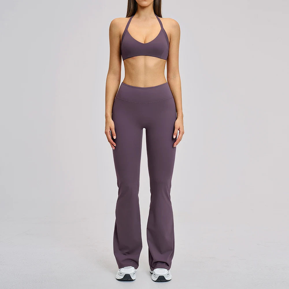 CIYING Wholesale Backless Yoga Halter Neck Sports Bra and Flare Leggings Set Custom Logo Brushed Gym Soft Breathable Yoga Set
