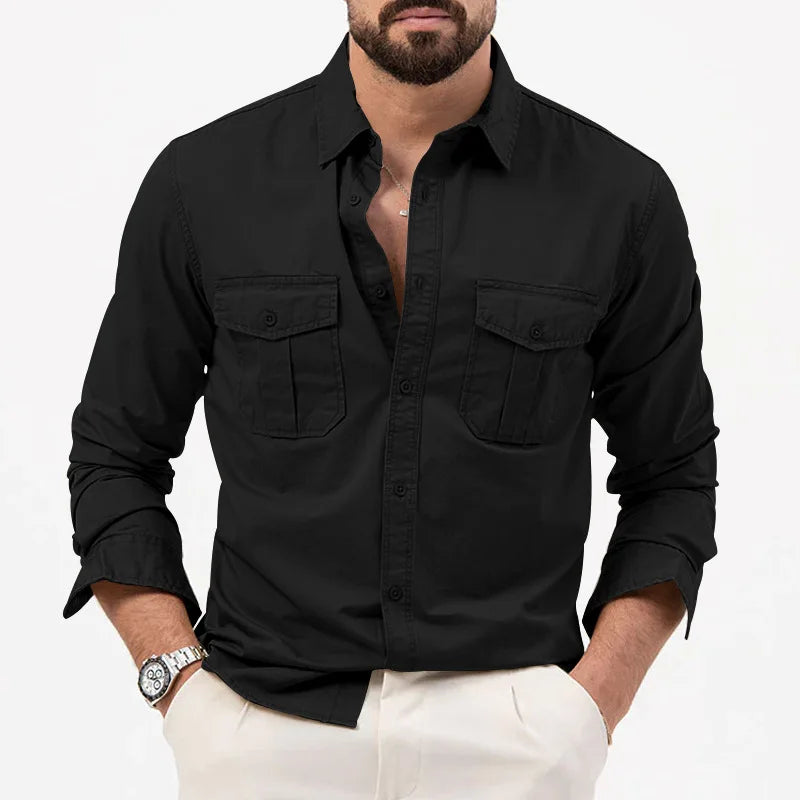 Spring Summer New European and American Men's Solid Color Shirt Multi-pocket Casual Long-sleeved Shirt