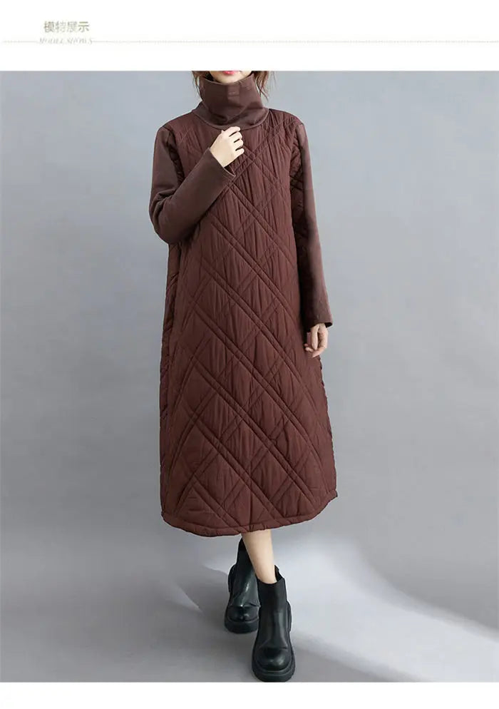 Retro Quilted Diamond Dress Thick Stitching Warm Autumn Winter Clothing New Women's High-Neck Casual Long Tunic y750