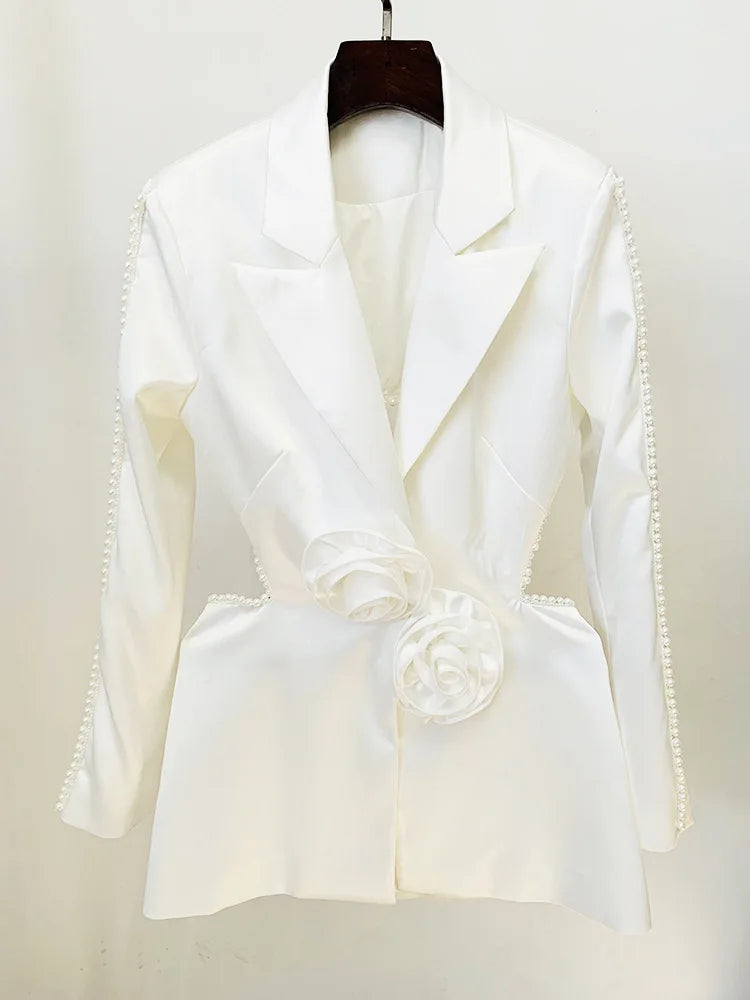 2026 Spring Lady Fine Workmanship Beading Solid Suit Long Sleeve Hollow Out Waist Blazer See-through Flared Pants Women 2Pcs