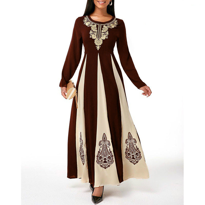 Elegant Muslim Dress for Women 2021 Fall O Neck Long Sleeve Islamic Arabic Abaya Robe Patchwork Print Turkey Eid Mubarak Vestido