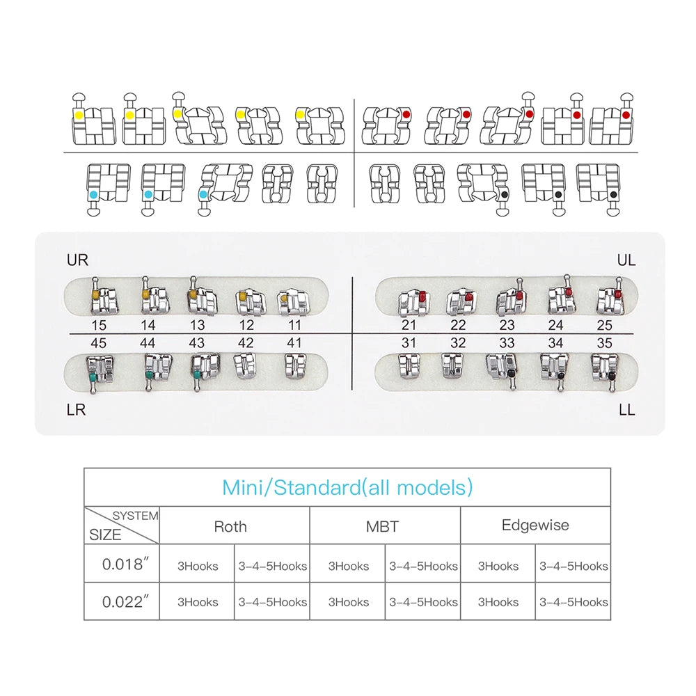 1pack AZDENT Dental Orthodontic Brackets  Mini / Standard Roth / MBT / Edgewise 022/018 Slot Hook 3/345